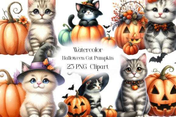 Download Watercolor Halloween Cat Pumpkin Clipart - Halloween Collection