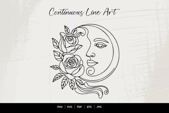 Download Celestial Moon Face with Roses Line Art - Art Collection