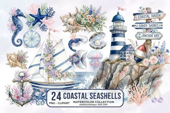 Download Coastal Seashells Watercolor Clipart PNG - Art Collection