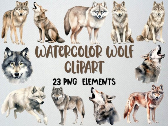 Download Watercolor Wolf Clipart Set, 23 PNG - Art Collection