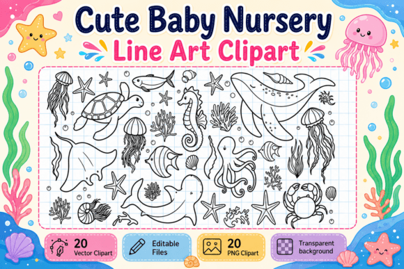 Download Ocean Animal Line Art Clipart Bundle - Art Collection