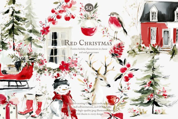 Download Festive Red Christmas Watercolor Clipart - Art Collection