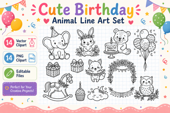 Download Cute Birthday Animal Line Art Set - Art Collection