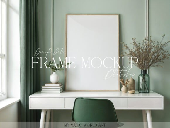 Download Mockup Frame on the Desk Green Interior - Mockup frame Collection
