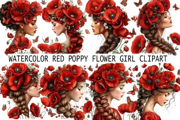 Download Watercolor Red Poppy Flower Girl Clipart - Art Collection
