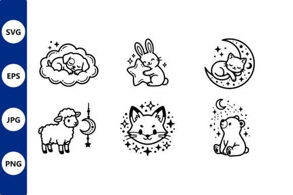 Download Six Cute Sleeping Animal Line Art Vector - Art Collection