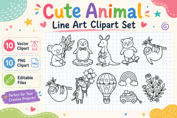 Download Cute Animal Line Art Clipart Set - Art Collection