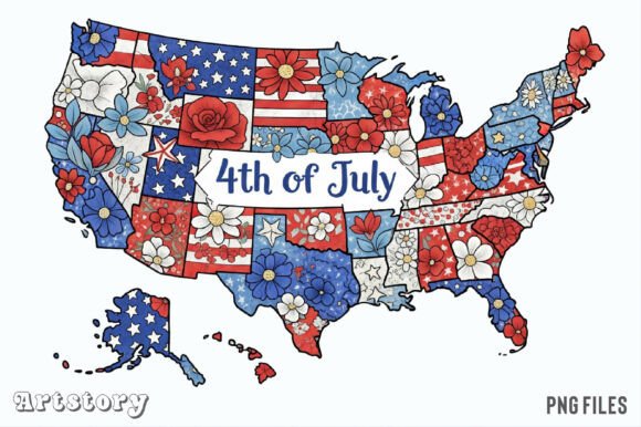 Download 4th of July Floral USA State Map Clipart - Art Collection