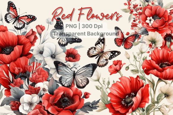 Download Watercolor Red Flower Butterfly Clipart - Art Collection