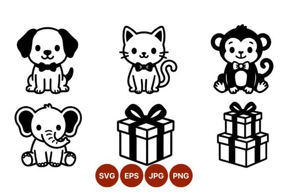Download Cute Animal Line Art with Gift Boxes - Art Collection