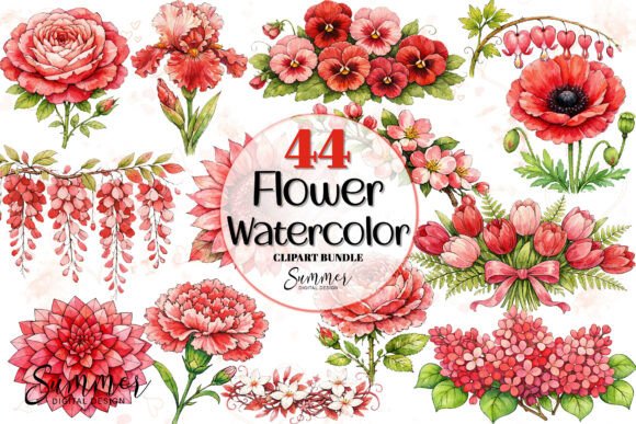 Download Watercolor Red Pink Flower Clipart Set - Art Collection